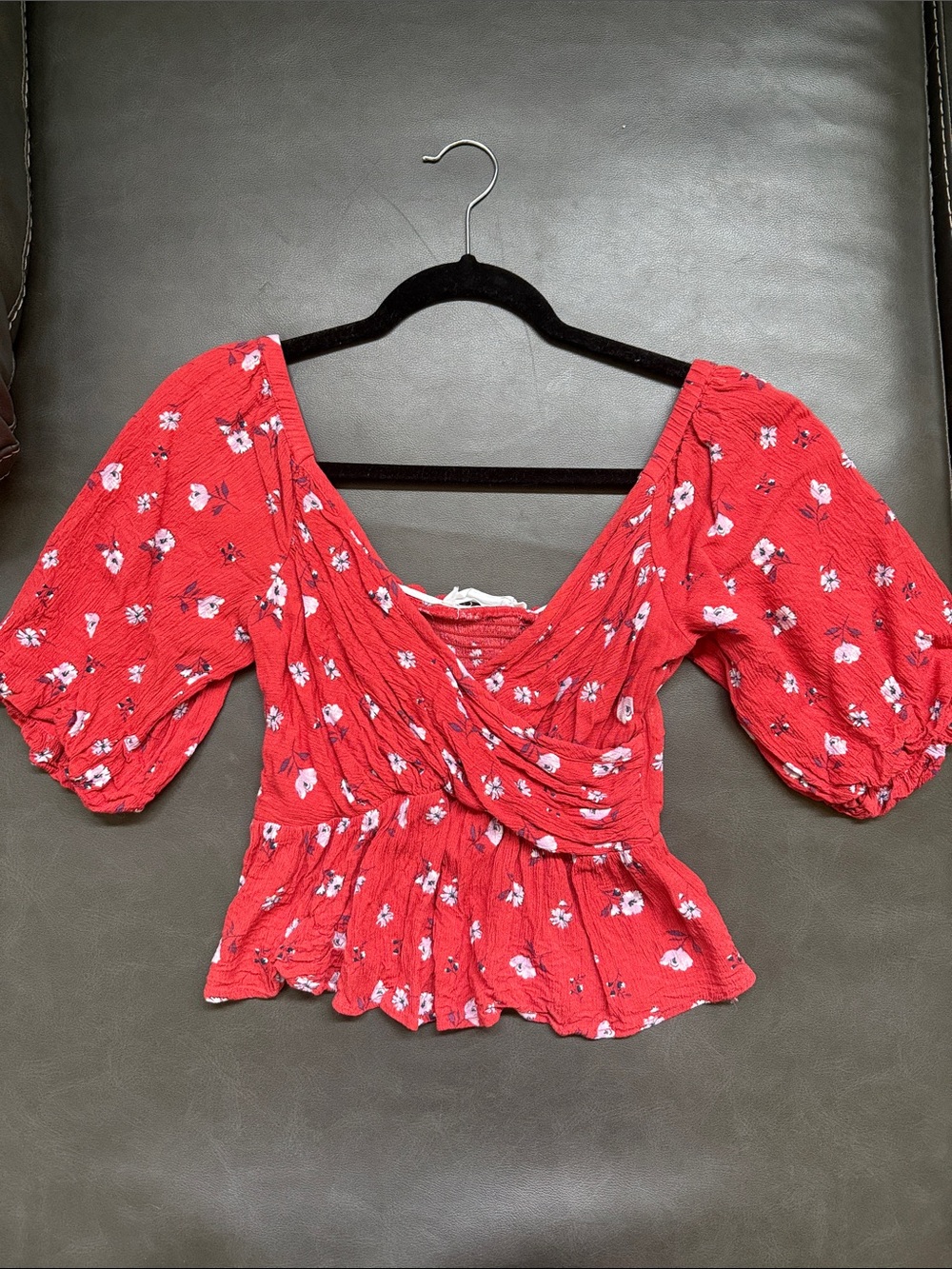 All in Favor Red Floral Wrap Peplum Blouse with Puff Sleeves